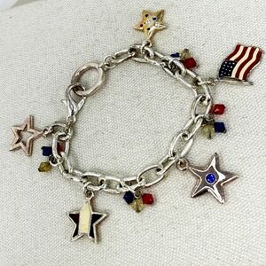 Patriotic Charm Bracelet Stars American Flag Red White Blue Beads Silver Tone
